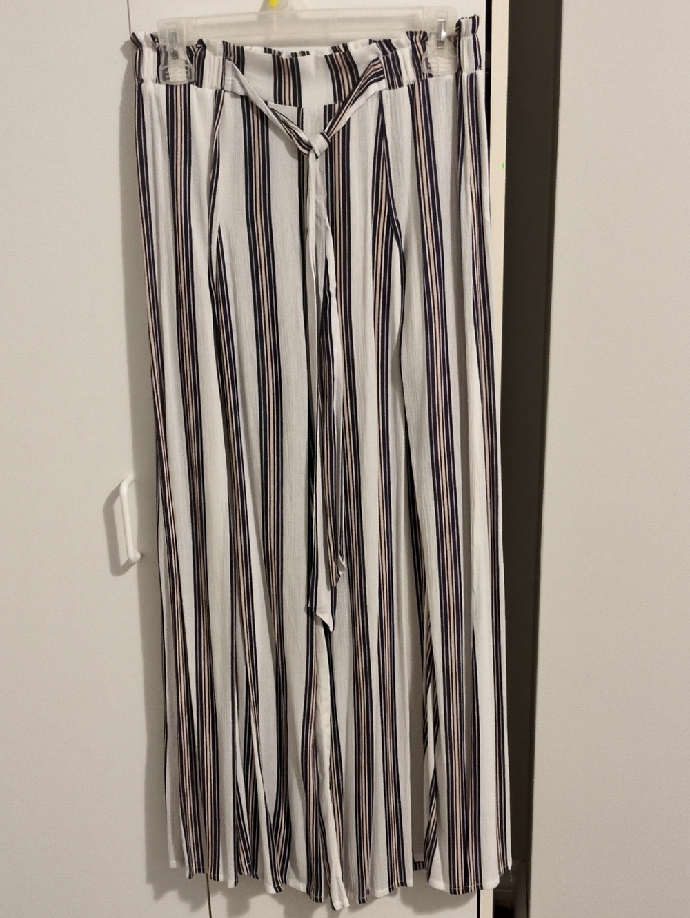Simplee Apparel Vertical Stripe Wide-Leg Tie Waist Pants - White, Navy, Brown